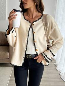 Autumn And Winter Casual Knitted Contrasting Edge Women's Cardigan, Loose Round Neck Jacket
