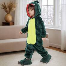 Pijama Entero de Dinossauro de Pelúcia com Capuz, Padrão Verde para Meninos e Meninas, 3 - 12 Anos, Ideal para Roleplay de Natal e Halloween, Roupas Quentes de Casa para Inverno, Presente Perfeito - Verde - Ver 2