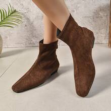 Niche Low Chunky Heel Women Short Boots, Comfortable Versatile Suede Short Boots, Solid Color For Home & Holidays