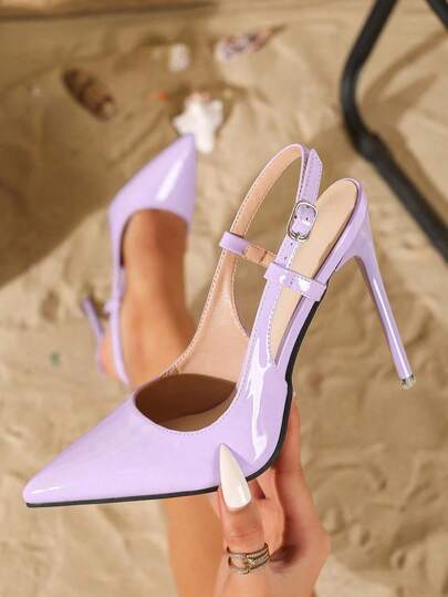Women's Purple Pointed Toe One Buckle Stiletto Heel Elegant High-Heel Shoes, Versatile, Slimming, High-End