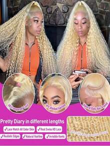 Ready To Wear 613 Glueless Wigs Human Hair 13x4 HD Transparent Deep Wave Lace Front Wigs Human Hair For Beginners 250 Density Blonde Curly Human Hair Wig Pre Plucked For Women With Baby Hair 40inch - 金色 - 查看 6