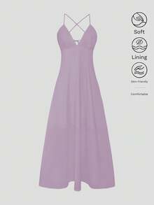 Đầm hè thanh lịch cổ chữ V bằng satin dành cho nữ, váy ngủ mềm mại, thích hợp cho kỳ nghỉ, tiệc tùng, sinh nhật và các dịp trang trọng. - Màu tím hoa cà - Xem 2