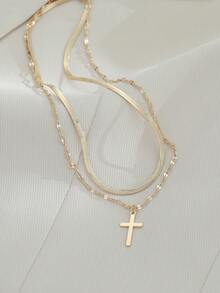 2 件套时尚简约金色十字架吊坠多层可堆叠项链首饰女士（无礼盒） - 金黃色 - 查看 5