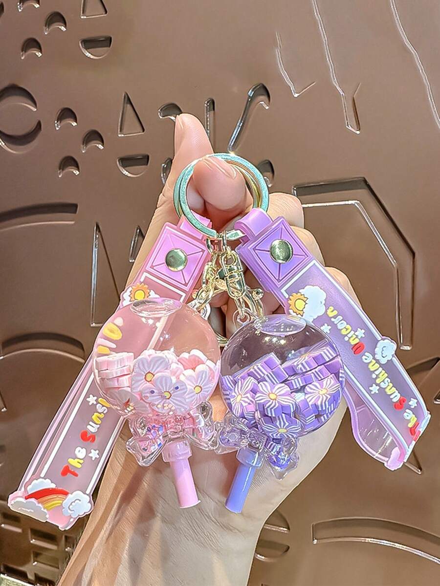 قلادة سلسلة مفاتيح زجاجة رمل متحرك جديدة، تميمة زخرفية صغيرة من الكريستال والزهور الرقيقة، ديكور معلق جميل للحقيبة الظهر