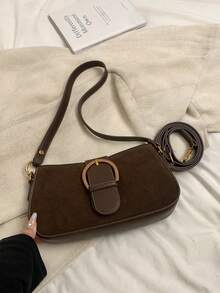 Women Retro Solid Color Dual Strap Suede Shoulder Crossbody Saddle Bag, Autumn And Winter Hot Women Bag, Suede Purse, Newest Fashionable Suede Bag For Women - 咖啡棕 - 查看 8