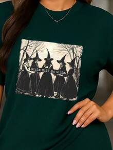 Conjunto Halloween Ropa casual Halloween  Look spooky  Conjunto cómodo Short biker Halloween vibes  Spooky season  Calabazas  Murciélagos  Fantasmas  Brujas - Verde Oscuro - Ver 2