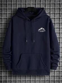 Men's Autumn/Winter Minimalist Mountain Slogan Print Pocket Drawstring Hoodie Sweatshirt - Navy Blue - View 6
