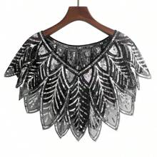 1pc 1920s Elegant Vintage Sequin Shawl, Embroidered Lace Trim Cape Cloak, Beaded Sequin Evening Gown Bolero, Street Style Vest Outfit, Nightclub Shiny Capelet, Breathable Women Open Front Party Formal Dress Accessory - Leaf Type - View 10