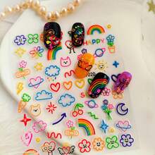 Rainbow Pride Day Nail Stickers - Self-Adhesive LGBTQ+ Rights Support Stickers With Vibrant Rainbow Emoticons, LOVE Stick Figures, Joyful Faces & Floral Designs - Glossy Finish PET Material For Nails (Single-Use), Nail Stickers For Nails, Festive Manicure, Playful Motifs, Easy Apply - 彩色 - 查看 9