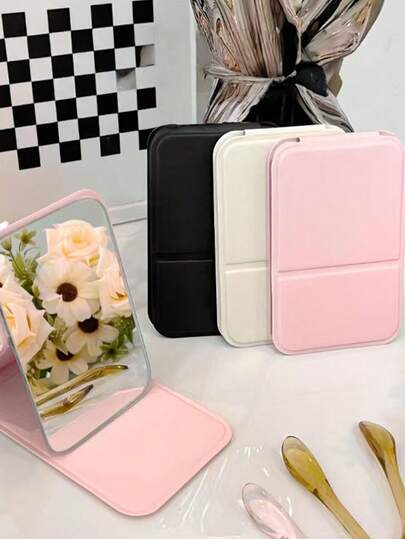 1pvc. PU Cosmetic Mirror Can Be Folded For Traveling And Has A Beautiful AppearanceHand-Held Make-Up Mirror Student Dormitory Folding Mirror FanYour Mirror