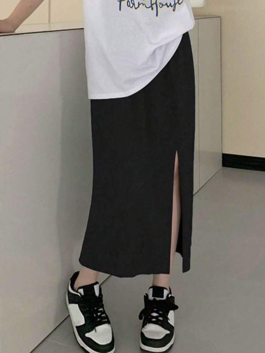 2025年夏季女士百搭休闲开衩裙 - 黑色 - 查看 1