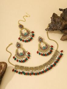 4pcs/Set Bollywood Luxury Style Faux Pearl Jewelry Set, Including Teardrop Earrings, Teardrop Pendant Necklace, And Crystal Necklace, Suitable For Women's Wedding, Daily Wear Or Festivals - Pearl - View 3