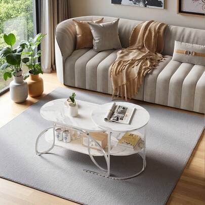 Set di 2 tavolini da caffè, tavolino centrale ovale moderno a 2 livelli, tavolino da caffè impilabile, tavolino laterale da soggiorno, struttura in metallo argentato, tavolino da divano, gambe del tavolo regolabili in altezza