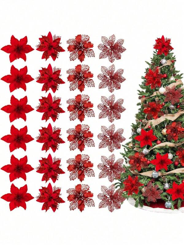 24pcs Artificial Poinsettia Flowers, Fake Christmas Tree Branches, Suitable For Decoration, Home Decor, Floral Arrangement, Party, Wreath, Outdoor New Year Decoration