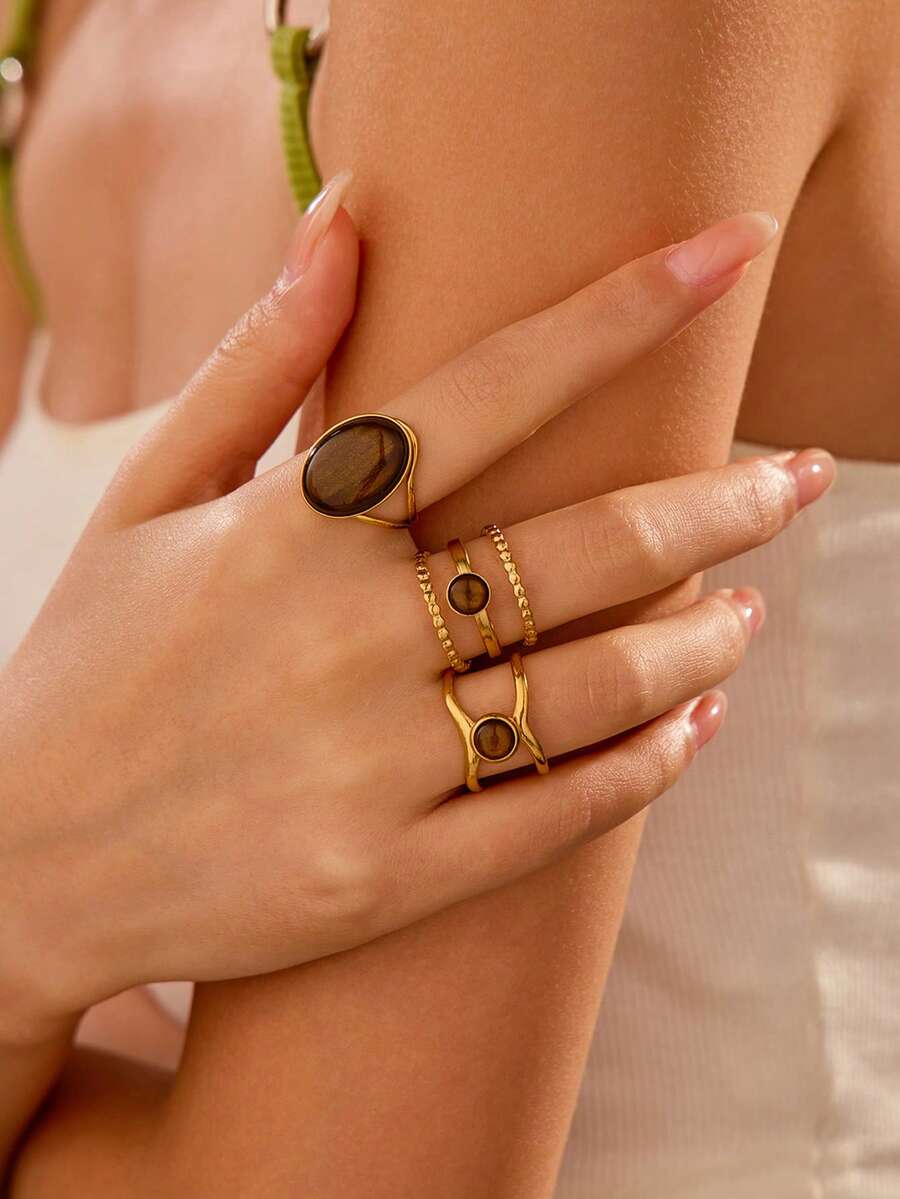 3 件套不锈钢金色复古风格椭圆形棕色宝石戒指套装，适合女性装饰或礼物 - 金黃色 - 查看 1