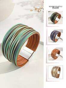1pc Bohemian Multi-Layered Gradient PU Magnetic Clasp Women's Bracelet, Wide Leather Wrap Hip-Hop Personalized Bracelet For Music Festival - Multicolor - View 2