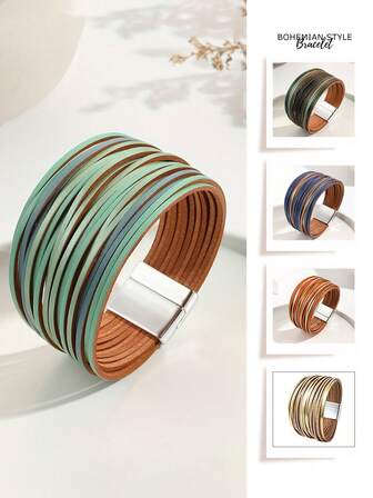 1pc Bohemian Multi-Layered Gradient PU Magnetic Clasp Women's Bracelet, Wide Leather Wrap Hip-Hop Personalized Bracelet For Music Festival