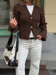 SEREN Autumn And Winter New V-Neck Two Button Long Sleeved Knitted Cardigan Women's Brown Sweater Jacket Top, Suitable For Daily Commuting And Shopping When Going Out