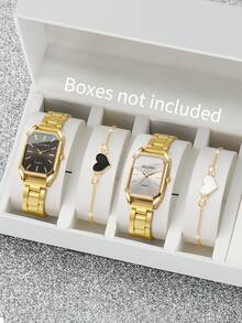 4pcs/Set Women's Fashion Casual Square Minimalist Scale Dial Quartz Wrist Watch + Heart Charm Bracelet, No Watch Box Included