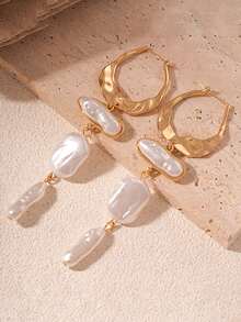 2pcs French Baroque Moon Shaped Irregular Imitation Pearl Pendant Women's Earrings - 金色 - 查看 4