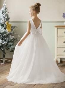 Girls' Elegant Backless Bow Pearls Mesh Sleeveless Maxi Dress, Suitable For Flower Girl, Birthday Party, Stage Performance, Wedding, Prom, Graduation, Christmas