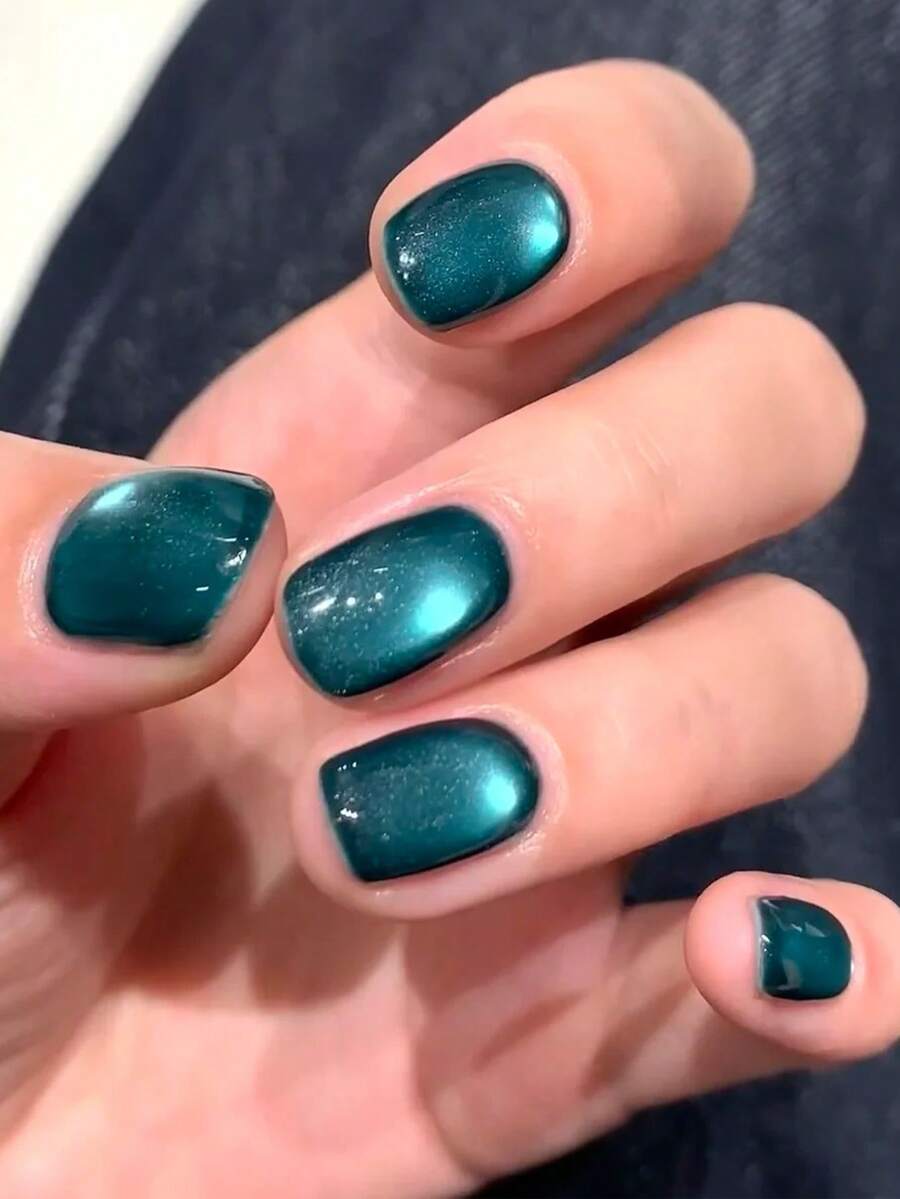 30 件猫眼按压短指甲 Y2k 指甲蓝绿色方形渐变闪光简单图案可重复使用按压亚克力指甲假指甲用品，免费赠送 24 片果冻片和迷你锉刀 - 墨綠色 - 查看 1