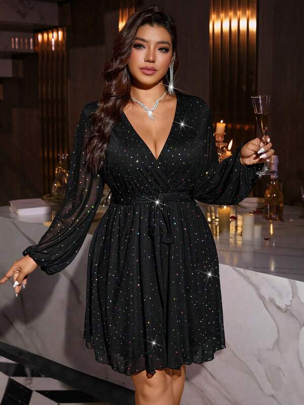 Plus Size V-Neck Sequin Mesh Insert Cinched Waist Dress