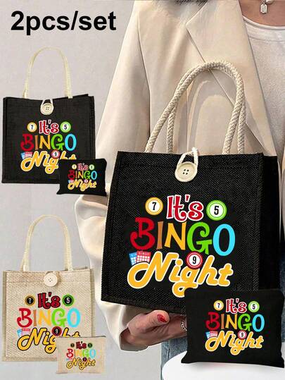 2pcs/Set "Bingo" Letter Print Handbag Set, Bingo Women's Handbag And Wallet Set, Including A Handbag And A Coin Purse, Large-Capacity Women's Bag, Lightweight Large-Capacity Handbag, Reusable Burlap Shopping Bag, Fabric Structure