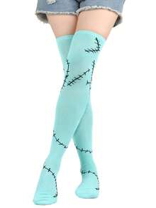 1/2 Set Sally Costume Women Arm Sleeves And Thigh High Boots - Light Blue Stitched Scar Sleeves, Suitable For Cosplay, Christmas Party, Holiday Jumpsuit And Accessories - Multicolor - View 5