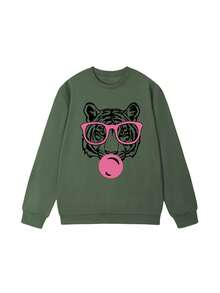 Women's Autumn Tiger Print Crew Neck Sweatshirt, Casual Loose Versatile Holiday Style Top, Suitable For Daily Wear, Autumn/Winter Fashion - Light Green - View 5