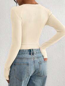 PRETTYGARDEN Women Spring And Fall Long Sleeve Shirts Clothes Cute Going Out Tops Ribbed Tight Fitted Plain Basic Tee Tshirts Vacation Outfits For Women - 米色 - 查看 2