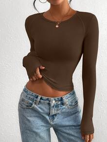 PRETTYGARDEN Women Spring And Fall Long Sleeve Shirts Clothes Cute Going Out Tops Ribbed Tight Fitted Plain Basic Tee Tshirts Vacation Outfits For Women - 棕色 - 查看 3