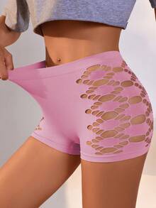 4pcs/Pack Solid Color Seamless Women's Underwear, Comfortable Breathable Geometric Hollow Mesh Sides Mid-Waist Fashionable Briefs