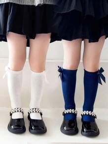 2 Paar Kinder Einfarbige Spitze Schleife Kniestrümpfe, geeignet für 1-12 Jahre alt, weiß, schwarz, navy, passend für den Schulanfang