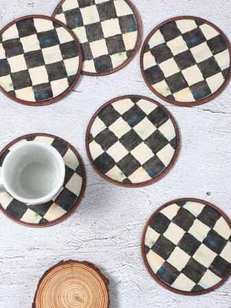 6pcs Black White Wooden Coasters, Black White Checkered Pattern Absorbent Coasters Set Coffee Coaster, Tea Coffee Table Dining Table Desk Heat-Resistant Coasters Insulated Pads, Living Room Bedroom Office Tea Room Desktop Protection, Suitable For All Kinds Of Cups, Desktop Decoration, Home Restaurant Tea Coffee Bar Decoration