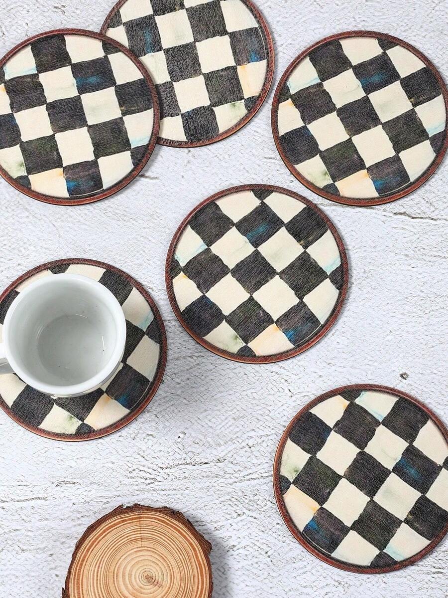 6pcs Black White Wooden Coasters, Black White Checkered Pattern Absorbent Coasters Set Coffee Coaster, Tea Coffee Table Dining Table Desk Heat-Resistant Coasters Insulated Pads, Living Room Bedroom Office Tea Room Desktop Protection, Suitable For All Kinds Of Cups, Desktop Decoration, Home Restaurant Tea Coffee Bar Decoration
