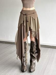 上衣 Dazzle 性感开叉不对称高腰修身半身裙 - 卡其色 - 查看 6