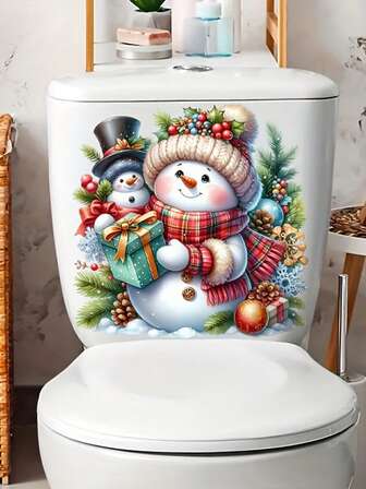 1pc Festive Snowman Toilet Lid Decal PVC Self-Adhesive Festive Snowman Toilet Seat Sticker Square Shape With Holiday Garland, Berries & Presents Design Perfect 11.61*11.61in For Bathroom Decor Christmas Seasonal Toilet Decor Bathroom Ceramic Decoration Wall Stickers Wall Sticker Wall Decor Stickers Home Decor Christmas Decorations Christmas Decorations Home