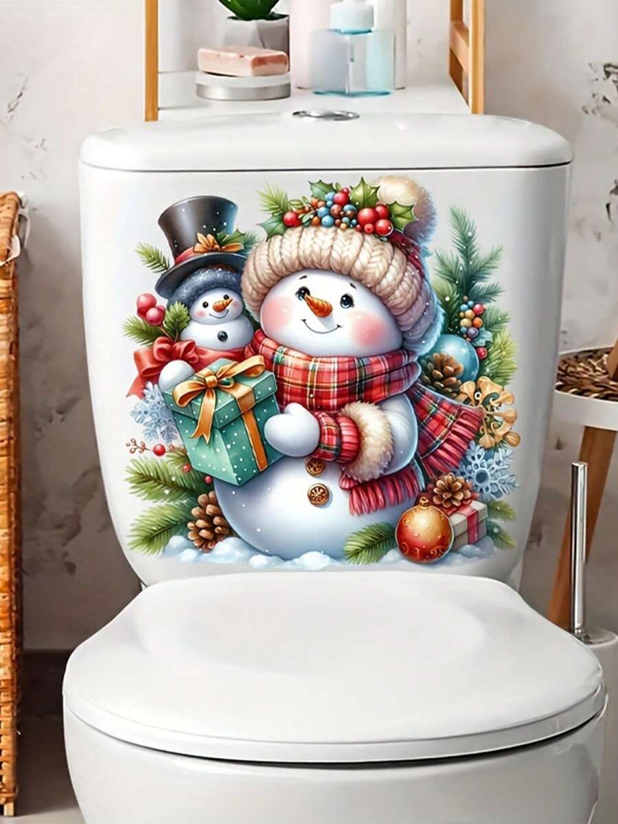 1pc Festive Snowman Toilet Lid Decal PVC Self-Adhesive Festive Snowman Toilet Seat Sticker Square Shape With Holiday Garland, Berries & Presents Design Perfect 11.61*11.61in For Bathroom Decor Christmas Seasonal Toilet Decor Bathroom Ceramic Decoration Wall Stickers Wall Sticker Wall Decor Stickers Home Decor Christmas Decorations Christmas Decorations Home - Multicolor - View 1