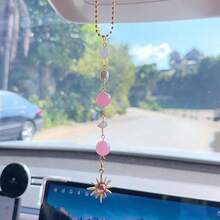 Pingente de Carro Pendurado de Sol, Acessórios de Espelho Retrovisor Boêmio Fofo Pendente de Sol Verde e Dourado, Decoração de Carro Feita à Mão com Cristais e Pedras Curativas, Presentes para Mulheres e Homens