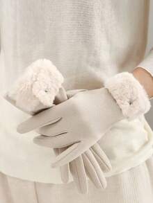 新款保暖手套女秋冬毛绒加厚户外骑行防风手套触屏纯色休闲聚酯纤维（涤纶）不带帽运动秋冬