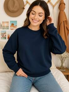 Ropa cómoda mujer Sudadera cuello redondo Sudadera de felpa - Azul Marino - Ver 1