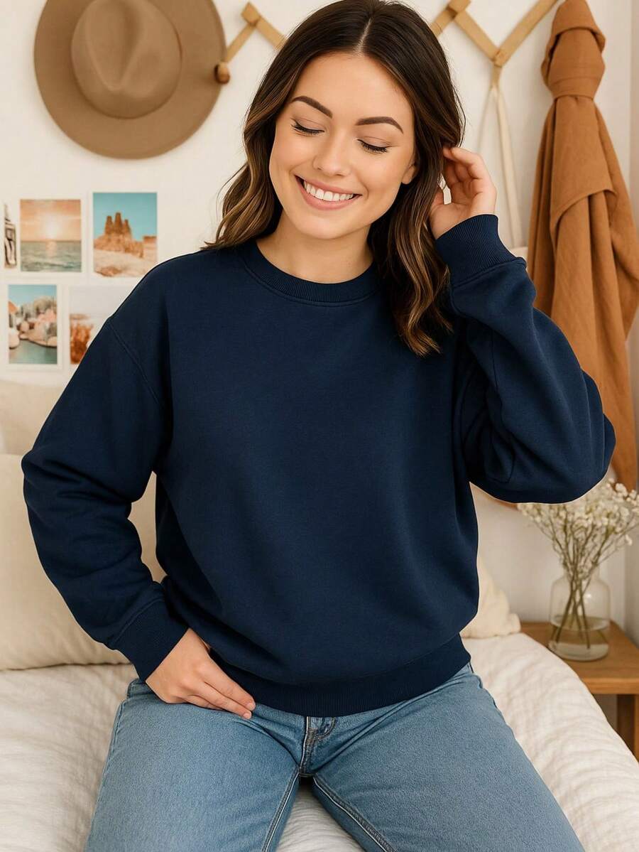 Ropa cómoda mujer Sudadera cuello redondo Sudadera de felpa - Azul Marino - Ver 1