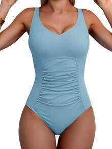 Traje de baño de una pieza con diseño fruncido y control de abdomen - Acanalado, azul claro - Ver 1