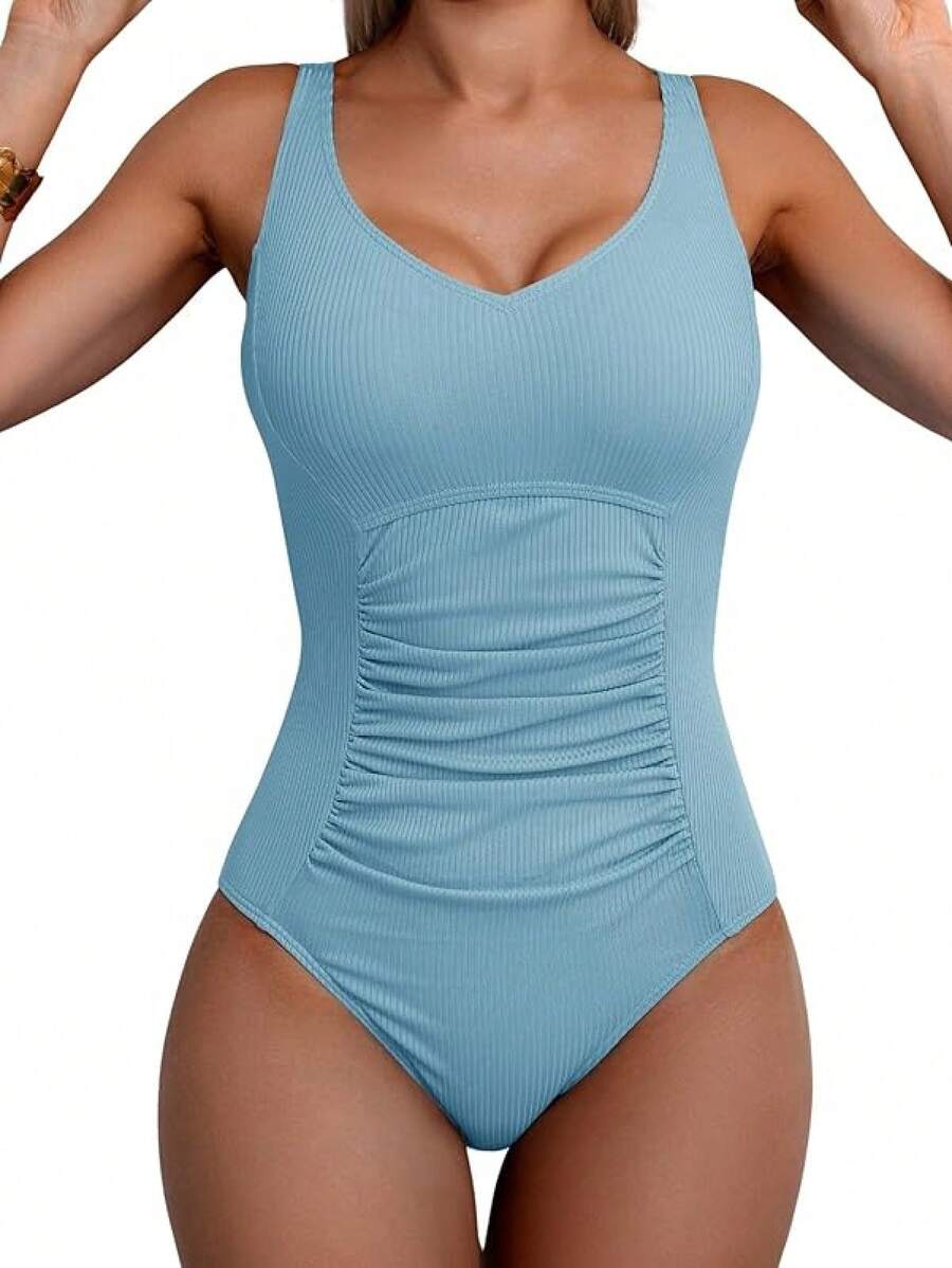 Traje de baño de una pieza con diseño fruncido y control de abdomen - Acanalado, azul claro - Ver 1