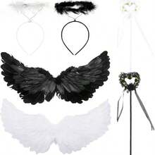 6 件天使翅膀和光环头带，带魔杖天使角色扮演女孩万圣节服装派对用品，黑白