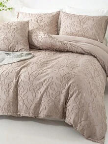 3pcs Leaf Tufted Pattern Microfiber Duvet Covers Sets(1 Duvet Cover & 2 Pillowcase)Lightweight Breathable Bed Cover All Seasons Bedding Set  For Home Bedroom Bed Sheets Set - Coffee Brown - View 1