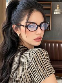 1pc Women's Oval Small Frame Fashionable Street Style Plano Lenses Glasses