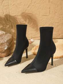 On feet& in love 秋冬女士性感黑色尖头细高跟中筒弹力高跟靴，派对装扮 - 黑色 - 查看 2