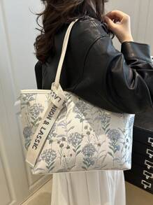 时尚复古花卉刺绣大容量字母围巾装饰便携式手提包，涤纶材质单隔层手提包，适合女性购物、通勤、旅行和日常使用 - 彩色 - 查看 2